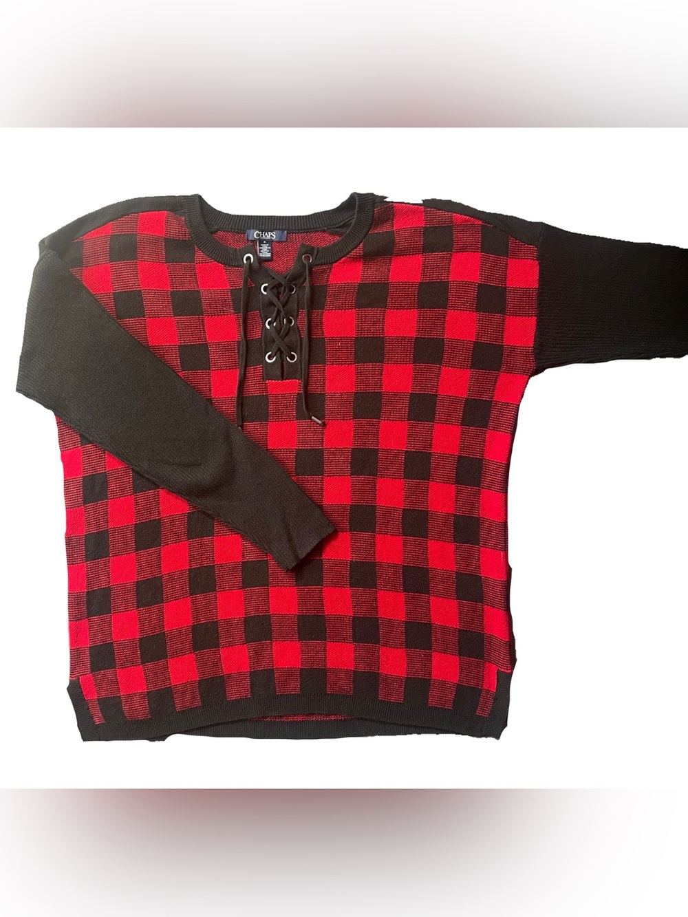 Chaps Red Black Buffalo Plaid Lace Up Knit V-Neck Sweater Size M Long Sleeve
